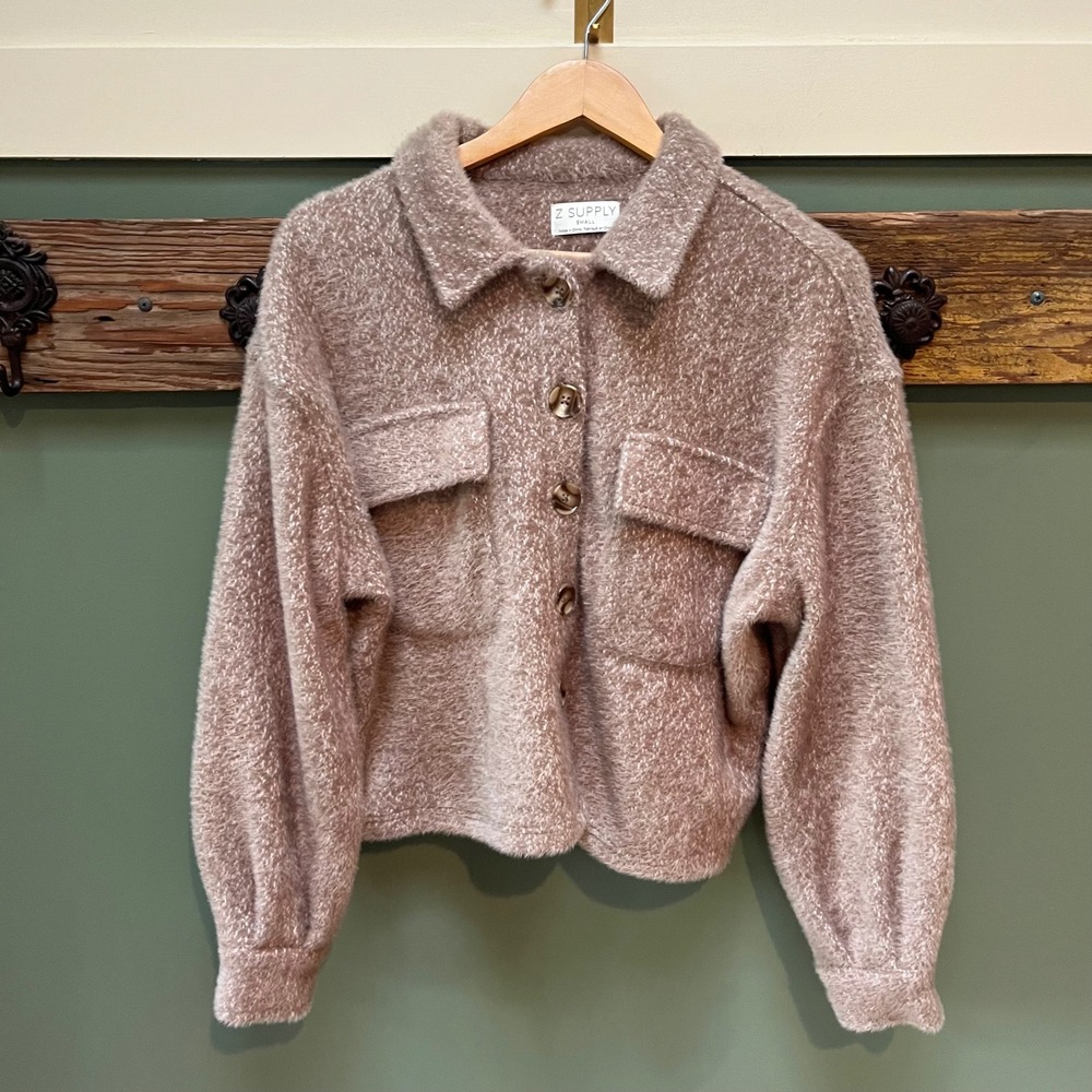 Z Supply Jack Taupe Fuzzy Knit Button Front Shacket Women Small Cropped Jacket
